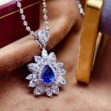 14k Gold 1.03 Ct Vivid Blue Natural Sapphire & Diamond & Sapphire Pendant