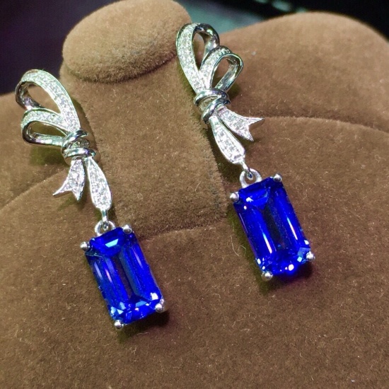 14k Gold 3.5 Ct Vivid Blue Natural Tanzanite & Diamond Earrings