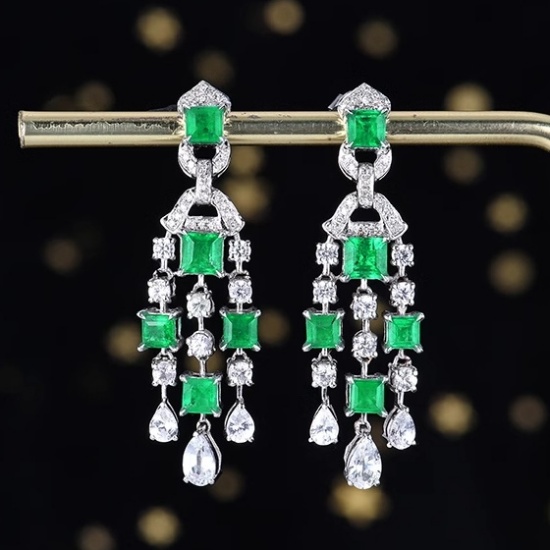 14k Gold 1.92 Ctw Vivid Green Natural Emerald & Diamond Earrings