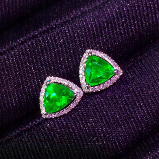 14k Gold 1.2 Ct Vivid Green Natural Emerald & Diamond Earrings
