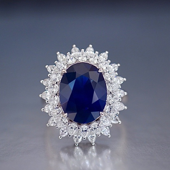 14k Gold 6.31 Ct Vivid Blue Natural Sapphire & Diamond Ring