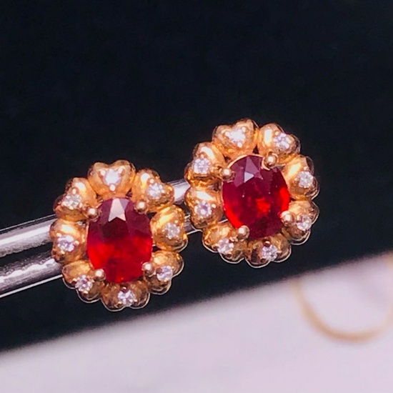 14k Gold 0.73 Ct Vivid Red Natural Ruby & Diamond Earrings