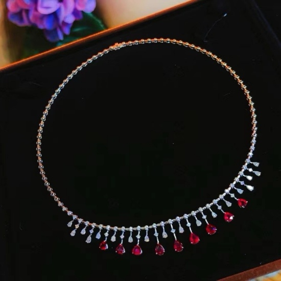 14k Gold 7.8 Ctw Vivid Red Natural Ruby & Diamond Necklace