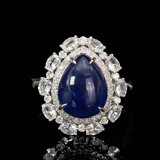 14k Gold 3.83 Ctw Vivid Blue Natural Sapphire & Diamond Ring