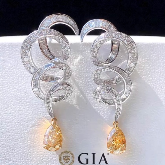 14k Gold 2.11 Ct Natural Yellow Diamond & Diamond Earrings