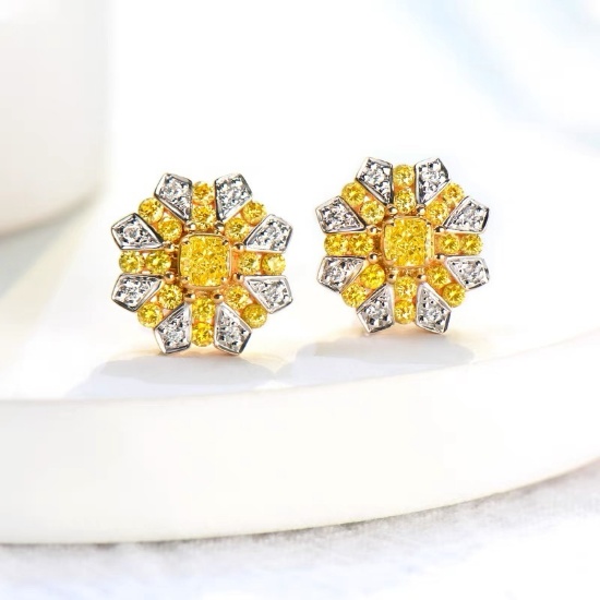 14k Gold 0.97 Ctw Natural Yellow Diamond & Diamond Earrings