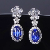14k Gold 2.27 Ct Vivid Blue Natural Sapphire & Diamond Earrings