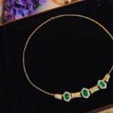 14k Gold 3.58 Ct Vivid Green Natural Emerald & Diamond Necklace