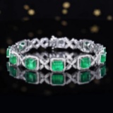 14k Gold 9.05 Ctw Vivid Green Natural Emerald & Diamond Bracelet