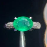 14k Gold 2.3 Ct Vivid Green Natural Emerald & Diamond Ring