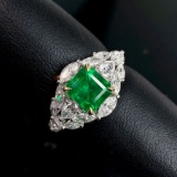 14k Gold 1.37 Ct Vivid Green Natural Emerald & Diamond Ring