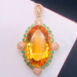 14k Gold 17.64 Ct Natural Citrine & Diamond Pendant