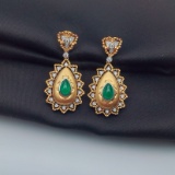 14k Gold 1.82 Ct Vivid Green Natural Emerald & Diamond Earrings