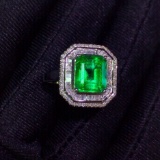 14k Gold 2.2 Ct Vivid Green Natural Emerald & Diamond Ring
