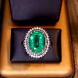 14k Gold 4.5 Ct Vivid Green Natural Emerald & Diamond Ring