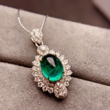 14k Gold 1.50 Ctw Vivid Green Natural Emerald & Diamond Pendant