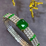 14k Gold 5.45 Ctw Vivid Green Natural Emerald & Diamond & Emerald Bangle