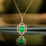 14k Gold 1.00 Ctw Vivid Green Natural Emerald & Diamond Necklace