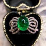 14k Gold 2.47 Ctw Vivid Green Natural Emerald & Diamond Ring
