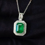 14k Gold 1.66 Ctw Vivid Green Natural Emerald & Diamond Pendant