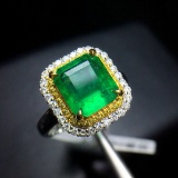 14k Gold 3.58 Ctw Vivid Green Natural Emerald & Diamond Ring