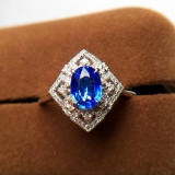 14k Gold 1.21 Ctw Vivid Blue Natural Sapphire & Diamond Ring