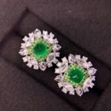 14k Gold 2.70 Ctw Vivid Green Natural Emerald & Diamond Earrings