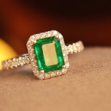 14k Gold 1.80 Ctw Vivid Green Natural Emerald & Diamond Ring