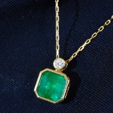 14k Gold 1.61 Ct Vivid Green Natural Emerald & Diamond Necklace