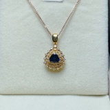 14k Gold 1 Ct Vivid Blue Natural Sapphire & Diamond Pendant