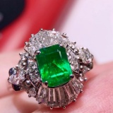 14k Gold 1.82 Ctw Vivid Green Natural Emerald & Diamond Ring