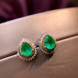 14k Gold 1.43 Ctw Vivid Green Natural Emerald & Diamond Earrings