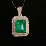14k Gold 2.88 Ctw Vivid Green Natural Emerald & Diamond Pendant