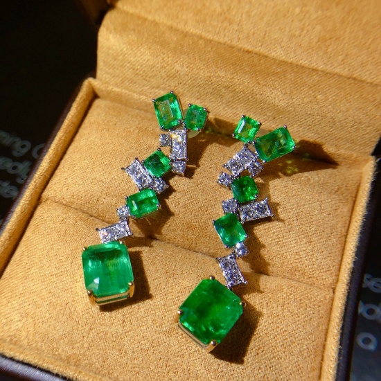 14k Gold 11.55 Ctw Vivid Green Natural Emerald & Diamond Earrings