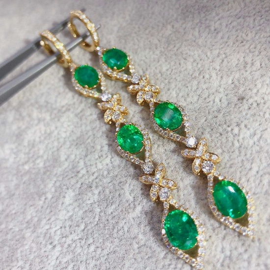 14k Gold 9.26 Ctw Vivid Green Natural Emerald & Diamond Earrings