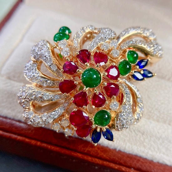 14k Gold 5.58 Ctw Natural Ruby & Diamond Brooch/pendant