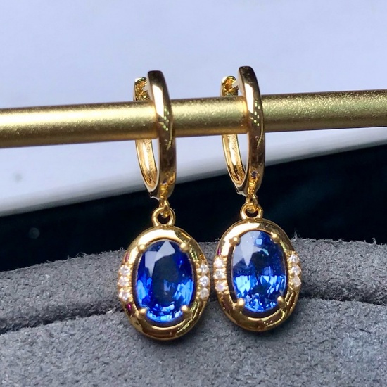 14k Gold 1.30 Ct Vivid Blue Natural Sapphire & Diamond Earrings
