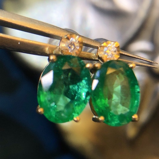 14k Gold 2.40 Ctw Vivid Green Natural Emerald & Diamond Earrings
