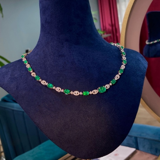 14k Gold 15.10 Ctw Vivid Green Natural Emerald & Diamond Necklace