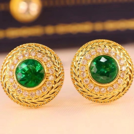 14k Gold 1.24 Ctw Vivid Green Natural Emerald & Diamond Earrings
