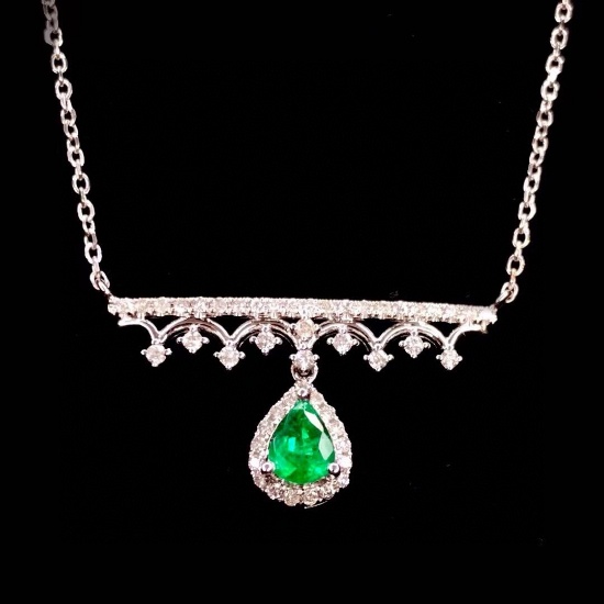 14k Gold 0.41 Ctw Vivid Green Natural Emerald & Diamond Necklace
