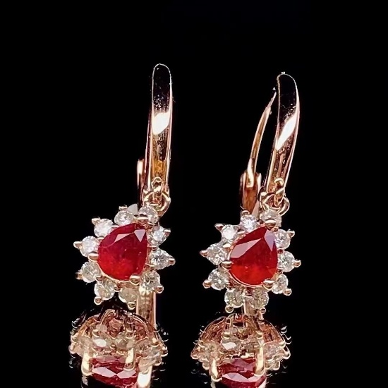 14k Gold 0.83 Ctw Natural Ruby & Diamond Earrings