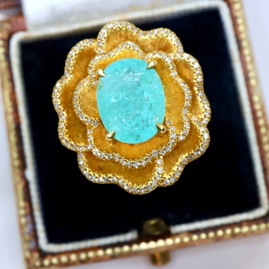 14k Gold 3.29 Ctw Natural Paraiba Tourmaline & Diamond Ring