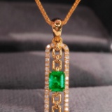 14k Gold 0.59 Ctw Vivid Green Natural Emerald & Diamond Pendant