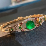 14k Gold 3.89 Ctw Vivid Green Natural Emerald & Diamond Bracelet