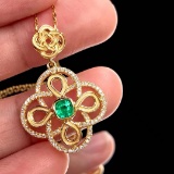 14k Gold 0.63 Ctw Vivid Green Natural Emerald & Diamond Pendant