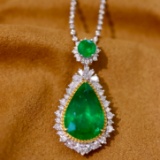 14k Gold 8.77 Ctw Vivid Green Natural Emerald & Diamond Pendant