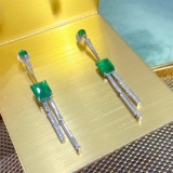 14k Gold 3.86 Ctw Vivid Green Natural Emerald & Diamond Earrings