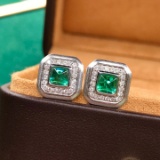 14k Gold 0.81 Ctw Intense Green Natural Emerald & Diamond Earrings