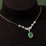 14k Gold 2.33 Ctw Vivid Green Natural Emerald & Diamond Necklace